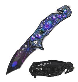 8.5" Multicolor Spider Skull Spring Assisted Pocket Knife Military Tactical