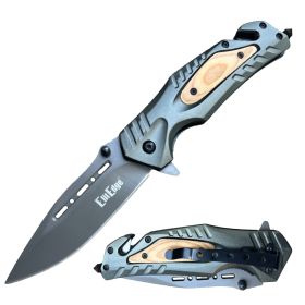 8.5" Grey Tactical Rescue Spring Assisted Pocket Knife Wood Handle