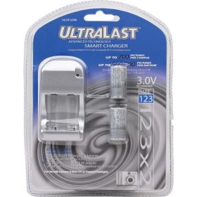 Ultralast ULCR123RK Smart Charger Kit with 2 Rechargeable CR123 Batteries – 3V Lithium Battery Charging System