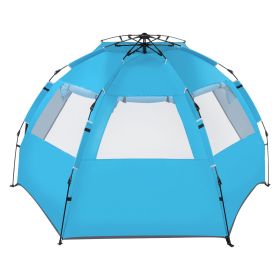 Quick-Open Blue Beach Tent – Fiberglass Pole & Oxford Cloth Free Ride Design
