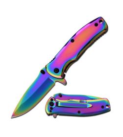 Day Zero Survival Compact Spring Assisted Folding Pocket Knife – Rainbow & Mirror Finish Editions (Color: rainbow)