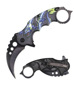 Day Zero Survival 7" Tactical Karambit Spring Assisted Folding Pocket Knife – Dragon Series (Color: Blue)