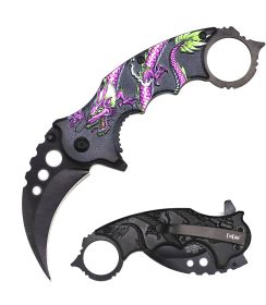 Day Zero Survival 7" Tactical Karambit Spring Assisted Folding Pocket Knife – Dragon Series (Color: Purple)