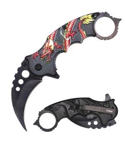 Day Zero Survival 7" Tactical Karambit Spring Assisted Folding Pocket Knife – Dragon Series (Color: Red)