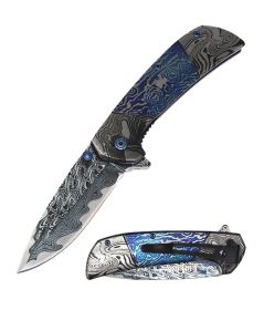 8" Heavy Titanium Damascus Etched Stainless Steel Spring Assisted Pocket Knife - 2 Color Selection (Color: Blue)