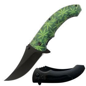 8" Spring Assisted Open Folding Pocket Knife - 11 Color Selection (Color: Green Cannabis Marijuana)
