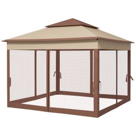 Outdoor Patio Pop Up Canopy Gazebo Shelter with Zipper Netting, Carry Bag (Color: Khaki, Size: 11' x 11')