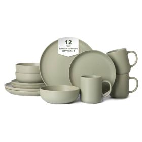12-Piece Stoneware Dinnerware Set – Microwave & Dishwasher Safe, Non-Toxic, Stackable (Color: Green, Set: 3)