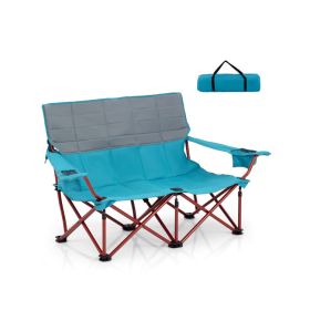 Oversized Folding Camping Loveseat – Padded Couch with Cup Holders (Color: Navy Blue)