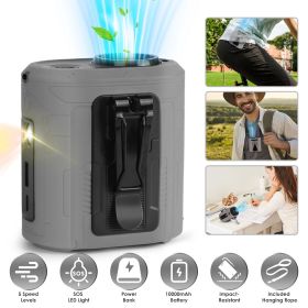 5-in-1 Wearable Waist Clip Fan – 10,000mAh, 5 Speeds, Flashlight & Hands-Free Turbo Cooling for Camping, Travel, Job Sites (Color: Gray)