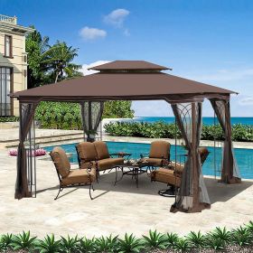 13' x 10' Patio Gazebo Canopy - Double Roof with Mosquito Netting (Color: Brown)