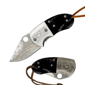 Wood Handle Damascus Etched Mini Folding Chubby Pocket Knife - 2 Color Selectin (Color: Black Pearl)