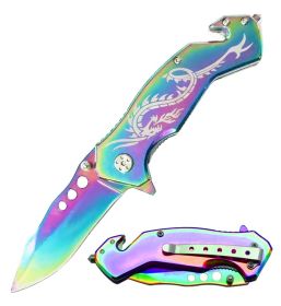 Day Zero Survival 7.75" Dragon-Themed Assisted Folding Knife – Multiple Titanium Finishes (Color: rainbow)