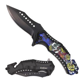 Day Zero Survival 8.5" Tactical Rescue Spring Assisted Folding Pocket Knife – Multiple 3D Design Options (Design: Skull & Roses)