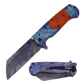 Day Zero Survival Cleaver Razor Spring Assisted Folding Pocket Knife – Multiple Handle Styles (Color: Etched Wood Handle)