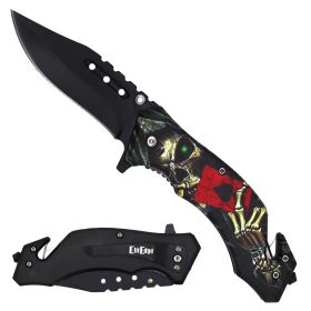 Day Zero Survival 8.25" Tactical Rescue Spring Assisted Folding Pocket Knife – Skull Series (Design: Skull Ace)