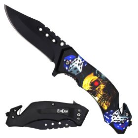 Day Zero Survival 8.25" Tactical Rescue Spring Assisted Folding Pocket Knife – Skull Series (Design: Skull Dice)
