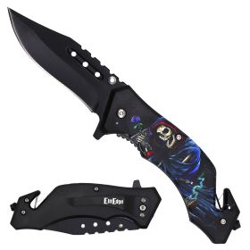 Day Zero Survival 8.25" Tactical Rescue Spring Assisted Folding Pocket Knife – Skull Series (Design: Skull Rose)