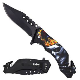 Day Zero Survival 8.25" Tactical Rescue Spring Assisted Folding Pocket Knife – Skull Series (Design: King Death)