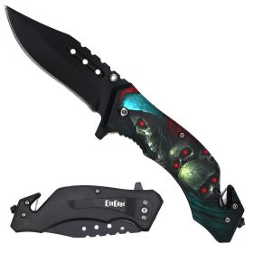 Day Zero Survival 8.25" Tactical Rescue Spring Assisted Folding Pocket Knife – Skull Series (Design: Skull Blue)