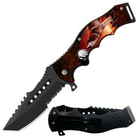 8.5" Tactical American Spring Assisted Folding Open Pocket Knife - 26 Design Selection (Design: Wolf Howling 1)