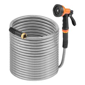 Heavy Duty Stainless Steel Metal Garden Hose with 10-Function Spray Nozzle (Size: 50')