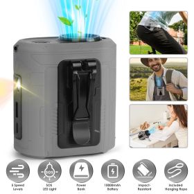5-in-1 Wearable Waist Clip Fan – 10,000mAh Rechargeable Portable Fan with 5 Speeds, LED Flashlight & Emergency Power Bank (Color: Gray)