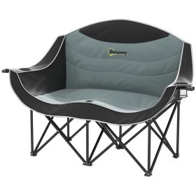 Padded Double Camping Chair - Folding with Armrests & Cup Holders (Color: Black)
