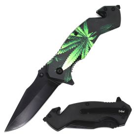 Day Zero Survival Tactical Rescue Spring Assisted Folding Knife – Multiple 3D Printed Designs (Design: Marijuana Pot)