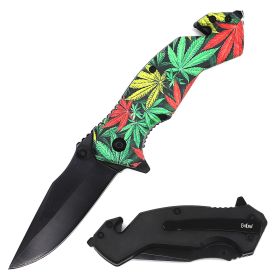 Day Zero Survival Tactical Rescue Spring Assisted Folding Knife – Multiple 3D Printed Designs (Design: Marijuana Leaf)