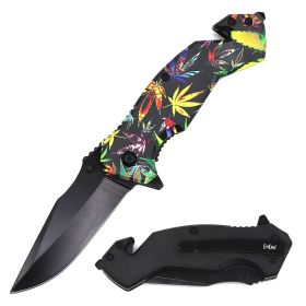 Day Zero Survival Tactical Rescue Spring Assisted Folding Knife – Multiple 3D Printed Designs (Design: Marijuana)