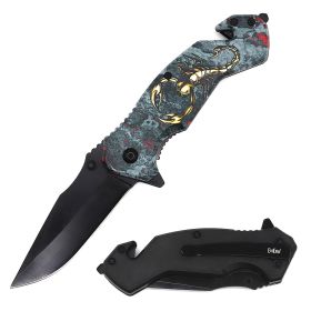 Day Zero Survival Tactical Rescue Spring Assisted Folding Knife – Multiple 3D Printed Designs (Design: Scorpion)