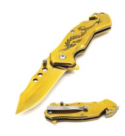 Day Zero Survival 7.75" Dragon-Themed Assisted Folding Knife – Multiple Titanium Finishes (Color: Golden)