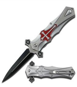 Day Zero Survival Crusader Cross Spring Assisted Pocket Knife – Red & Silver Collection (Color: Silver)