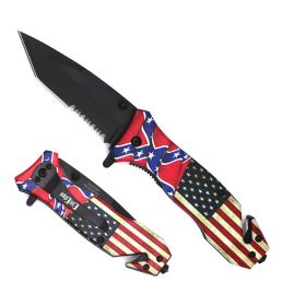 Day Zero Survival Serrated Tanto Spring Assisted Folding Pocket Knife – Multiple Handle Designs (Design: Rebel Flag)