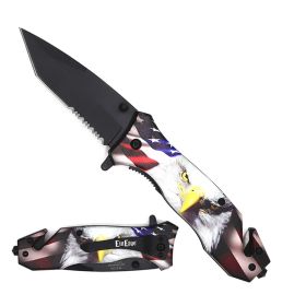Day Zero Survival Serrated Tanto Spring Assisted Folding Pocket Knife – Multiple Handle Designs (Design: Eagle)
