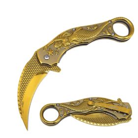 Day Zero Survival 9" Mermaid Sculpture Karambit Spring Assisted Folding Pocket Knife – Multi-Color Collection (Color: Golden)
