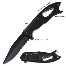 Day Zero Survival 9-in-1 Multi-Function Spring Assisted Folding EDC Pocket Knife – Black & Grey (Color: Black)