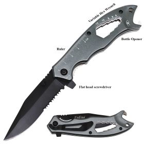 Day Zero Survival 9-in-1 Multi-Function Spring Assisted Folding EDC Pocket Knife – Black & Grey (Color: Gray)