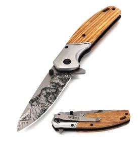 Day Zero Survival 8" Wood Handle Assisted Opening Folding Pocket Knife – Wildlife Series (Design: Wolf)