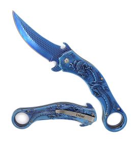 Day Zero Survival Dragon Sculpture Karambit Tactical Spring Assisted Folding Pocket Knife – Multiple Colors (Design: Blue Dragon)