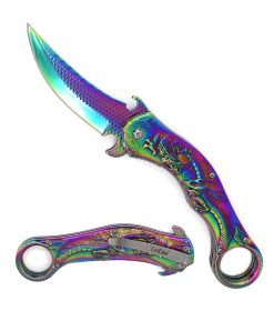 Day Zero Survival Dragon Sculpture Karambit Tactical Spring Assisted Folding Pocket Knife – Multiple Colors (Design: Rainbow Dragon)