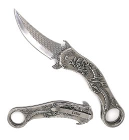 Day Zero Survival Dragon Sculpture Karambit Tactical Spring Assisted Folding Pocket Knife – Multiple Colors (Design: Silver Dragon)