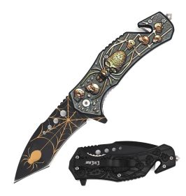 Day Zero Survival 8.5" Spider Skull Tactical Rescue Spring Assisted Folding Pocket Knife – Multiple Colors (Color: Brown)