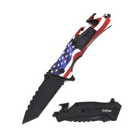 Day Zero Survival Military Tactical Rescue Multi-Tool Spring Assisted Folding Knife – Multiple Designs (Color: USA Flag)