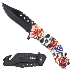 Day Zero Survival 8.25" Tactical Rescue Spring Assisted Folding Pocket Knife – Skull Series (Design: Skull Roses)