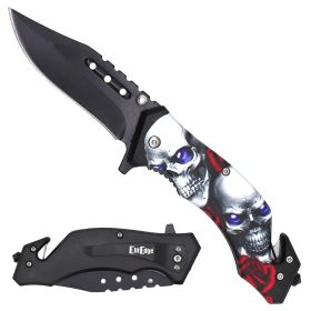 Day Zero Survival 8.25" Tactical Rescue Spring Assisted Folding Pocket Knife – Skull Series (Design: Skull Silver)
