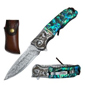 Day Zero Survival Ball Bearing Damascus Steel Pocket Knife – Premium Handle Collection (Design: Abalone)