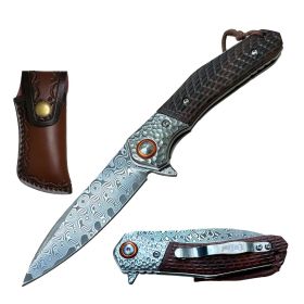 Day Zero Survival Ball Bearing Damascus Steel Pocket Knife – Premium Handle Collection (Design: Brown Wood)