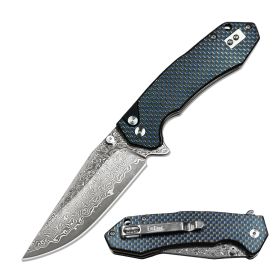 Premium CNC Damascus Ball Bearing Pocket Knife Collection – Carbon Fiber Handles (Color: Blue Carbon Fiber)